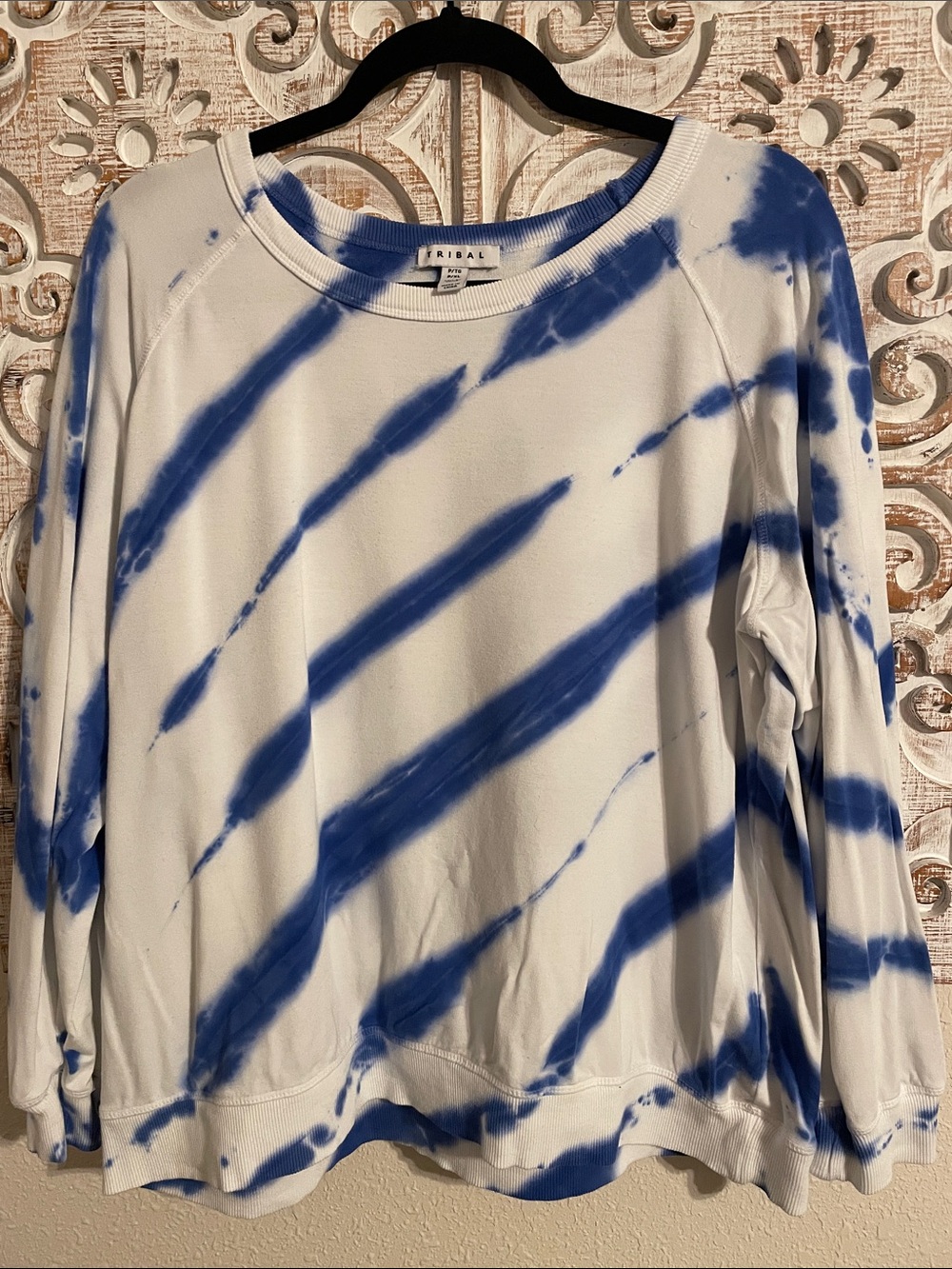 Tribal White and Blue Tie-Dye Crewneck Pullover
